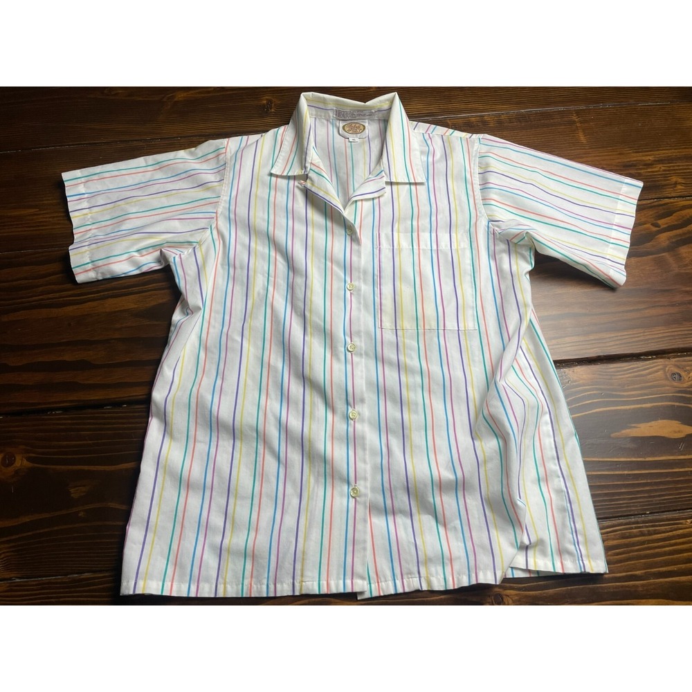 Picket and Post Shirt, Women's 10, White, Striped, Multicolor, Vintage Button Up